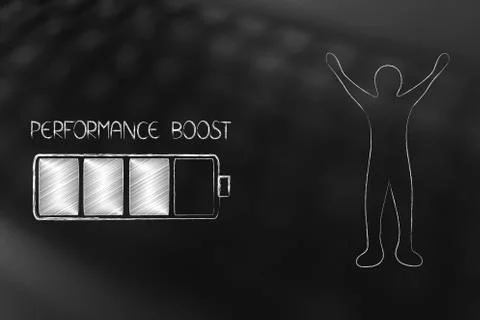 Performance boost battery with happy energetic man next to it Stock Illustration