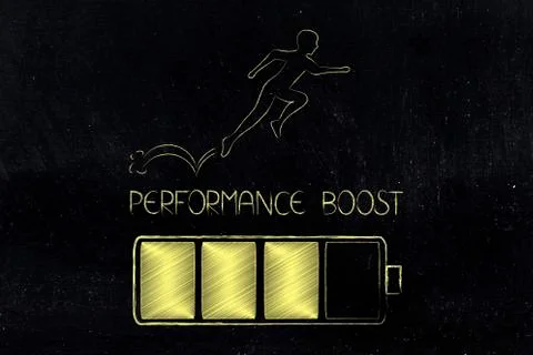 Performance boost battery with man running or jumping on it Stock Illustration