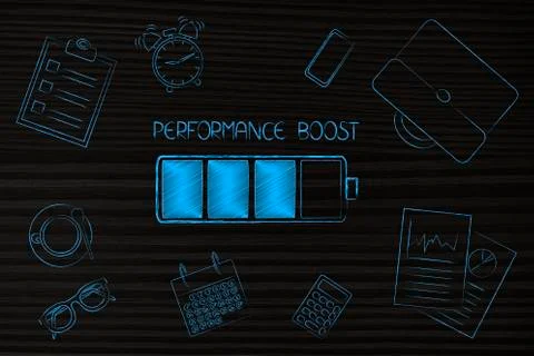 Performance boost at work, battery and caption among by office-related object Stock Illustration