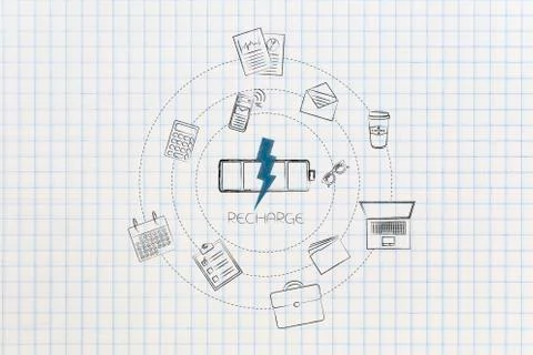 Performance boost at work, battery surrounded by spinning office-related obje Stock Illustration