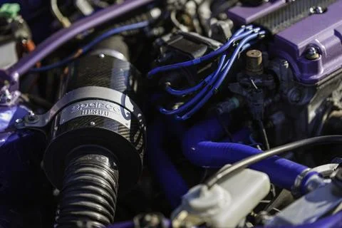 Performance car engine with sparco air filter and custom parts Foto stock