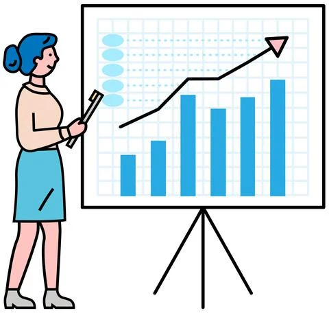 Performance with chart. Financial accounting report on board. Manager shows Illustrazione stock
