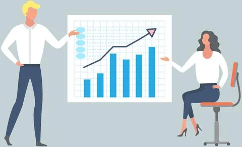 Performance with chart. Financial accounting report on board. Manager shows Illustrazione stock