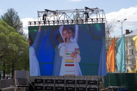 Performance of the dance ensemble at the International rhythmic gymnastics Tr Stock-Fotos