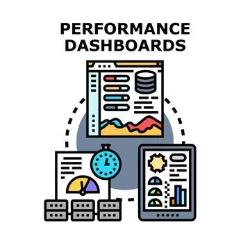 Performance dashboards analyzing data and metrics 스톡 일러스트