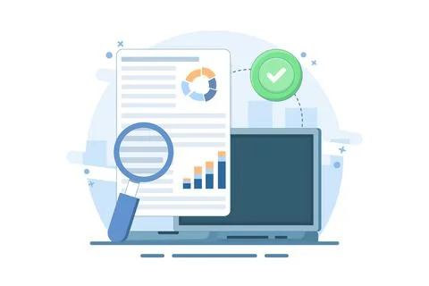 Performance data analysis concept, investment report, marketing study. Illustrazione stock