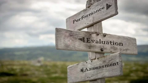 Performance evaluation text quote on wooden signpost outdoors in nature. Slow Stock Footage 170629659