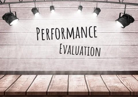 Performance evaluation text with spotlights on wood Illustrazione stock