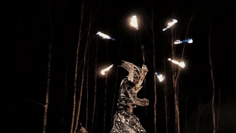 Performance of fire show artists.  Artists wave and control fire Stock Footage 231233866