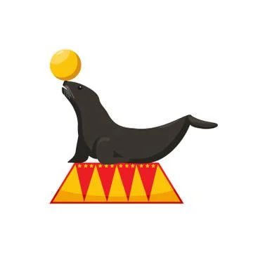 Performance of a fur seal in a circus, dressed fur seal juggles with a ball Stock Illustration