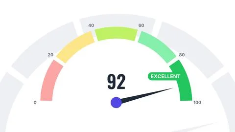 Performance gauge meter needle rising to an excellent score, vector illustr.. 스톡 일러스트