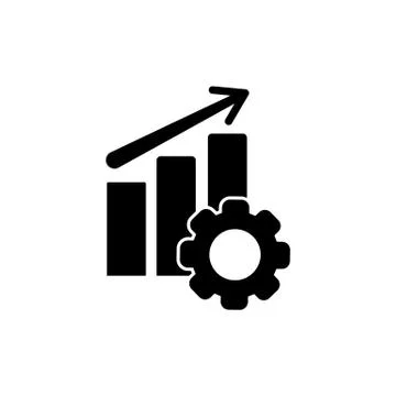 Performance icon, chart, progress, up arrow and gear in black simple design o Stock Illustration