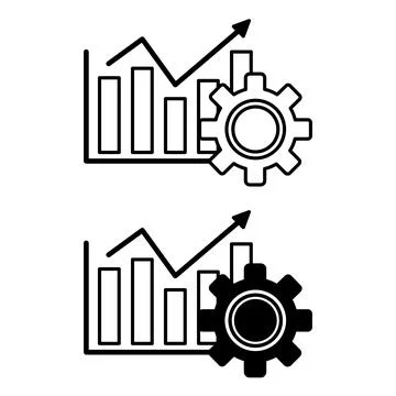 Performance Icons. Black and White Vector Icons of Growing Chart and Gears... Stock Illustration