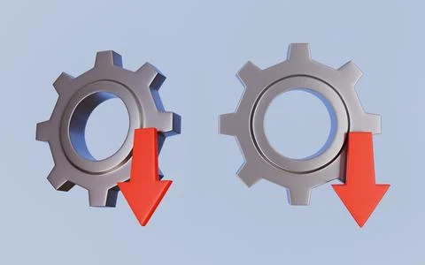 Performance indicator or bad strategy, Gear arrow down 3d illustration Stock Illustration