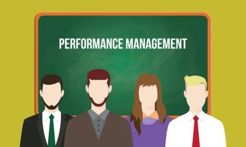 Performance management concept in a team illustration with text written on Stock Illustration