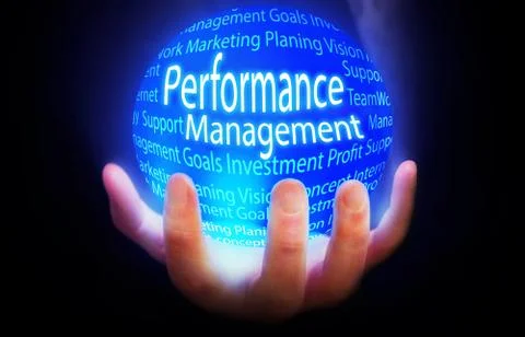 Performance Management globe in hand blue,concept background isolated 스톡 일러스트