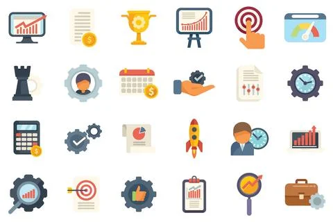 Performance management icons set flat vector. People study Stock Illustration