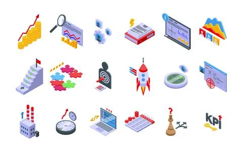 Performance management icons set isometric vector. Hypothesis stydy Stock Illustration