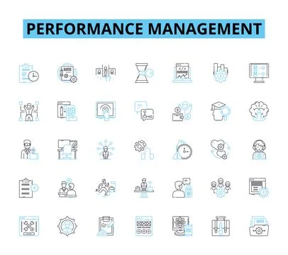 Performance management linear icons set. Metrics, Feedback, Goals, Appraisal Stock Illustration