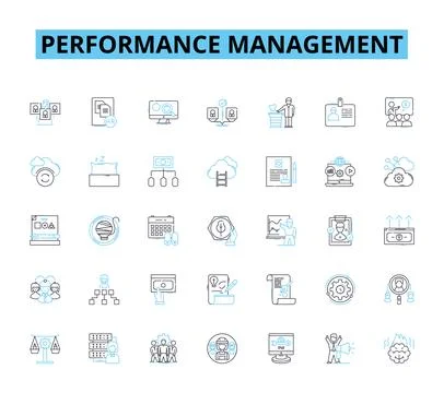 Performance management linear icons set. Metrics, Feedback, Goals, Appraisal Stock Illustration