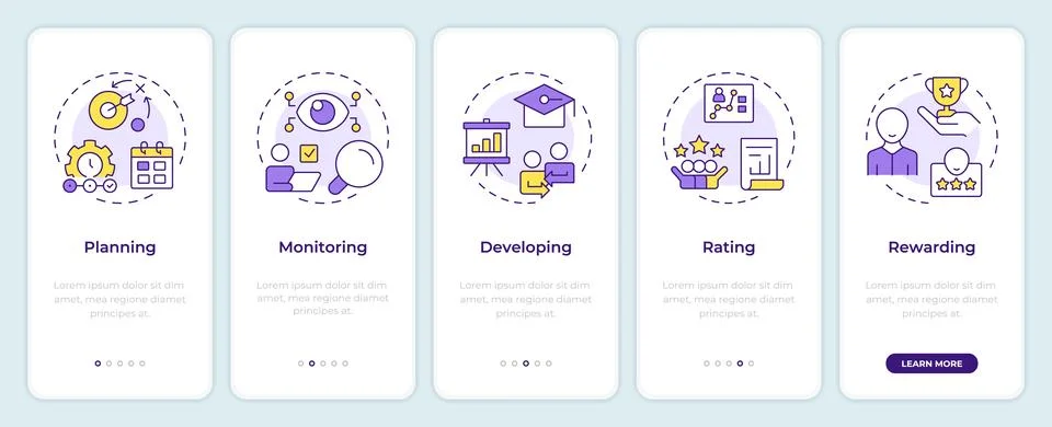 Performance management system onboarding mobile app screen Illustrazione stock