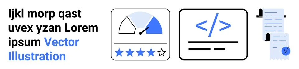 Performance Meter, Coding Symbol, and Document Vector for Webpage Optimizatio Stock Illustration