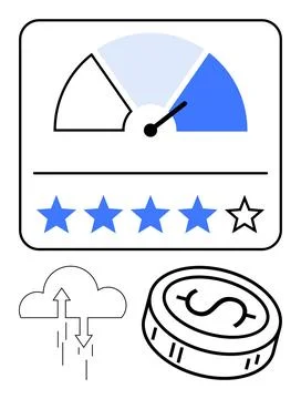 Performance meter with rating stars, cloud data transfer, and coin design f.. Illustrazione stock