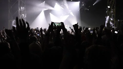 Performance of a popular group. The crowd with raised hands against the stage Stock Footage 245933341