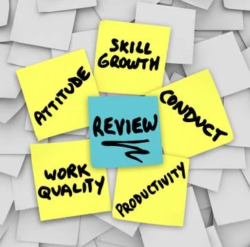 Performance review sticky notes attitude conduct work quality productivity Stock Illustration