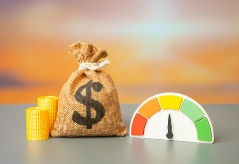 Performance scale based on average values and dollar money bag. Average profi Stock Photos