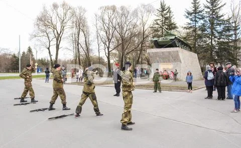 Performance of special forces soldiers at the monument. Stock Photos