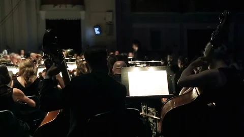Performance of a symphony orchestra. A group of violinists in orchestra during a Stock Footage 108489008