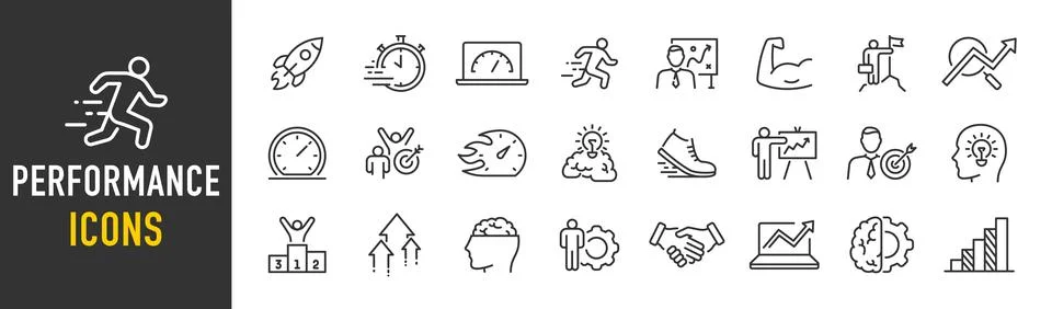 Performance web icons in line style. Speed, improvements, charts, boost, po.. 스톡 일러스트