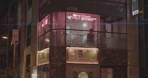 Performer dances for customer in the window of a Maid Cafe in Akihabara Stock Footage 294708361