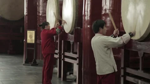 Performers Playing Large Drums Inside Drum and Bell Tower Beijing China Stock Footage 341712376
