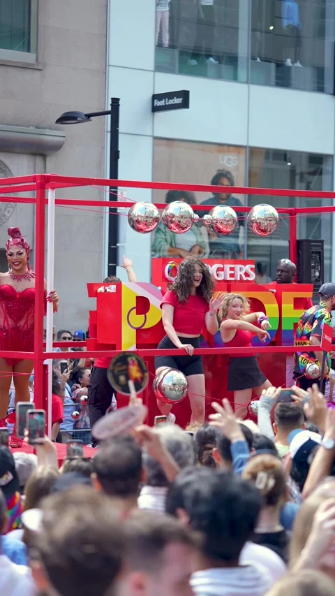 Performers on Rogers Pride Parade Float in Downtown Toronto 스톡 동영상 332018129