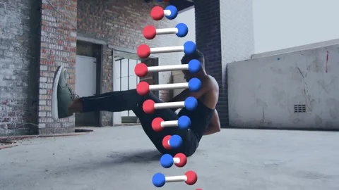 Performing breakdance move, person with DNA strand animation overlay in Stock Footage 326876987