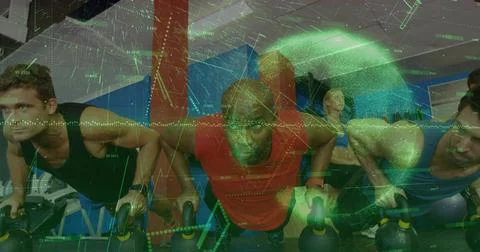 Performing four adults doing kettlebell pushups at gym, wearing sportswear, blue Stock Photos