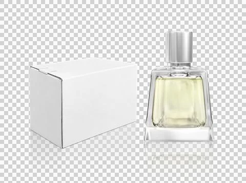 Perfume bottle and white packaging box, transparent background Stockillustratie