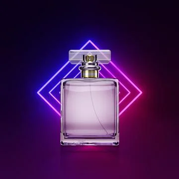 Perfume bottle on a background 3d render, glowing lines, tunnel, neon lights Stock-Illustration