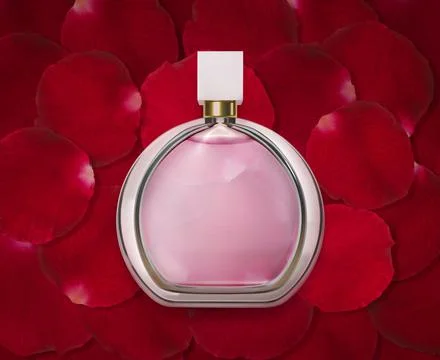Perfume bottle on background of beautiful red rose petals Stock-Illustration