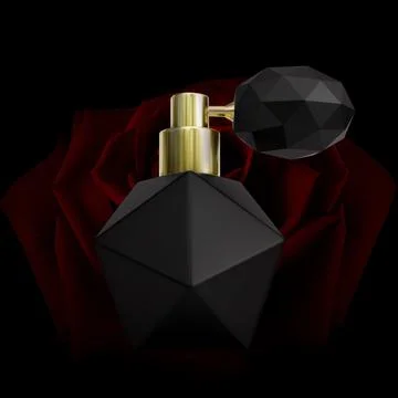 Perfume bottle on background rose in the dark red tone Stock-Illustration