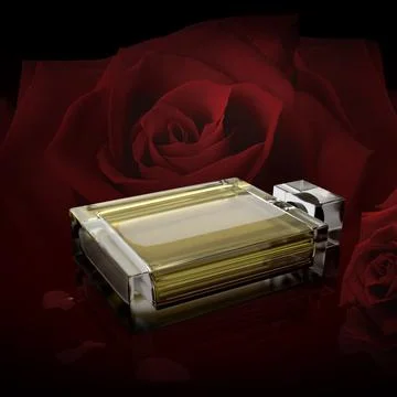 Perfume bottle on background rose in the dark red tone Stock-Illustration