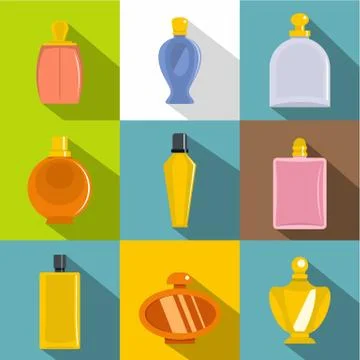 Perfume bottle icons set, flat style Stock-Illustration