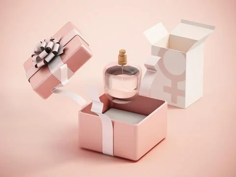 Perfume bottle inside elegant giftbox. 3D illustration Stock-Illustration