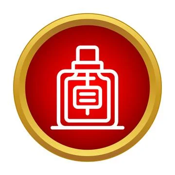 Perfume bottle line icon in red and gold circle Stock Illustration