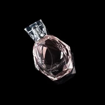 Perfume bottle with reflection on black background. Perfumery, cosmetics. Photos