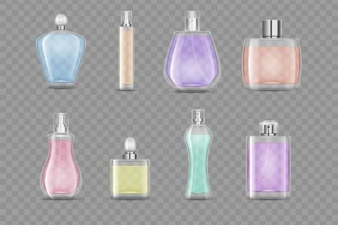 Perfume bottle set. 3d realistic fragrance different forms and colors, cosmetic Stock Illustration