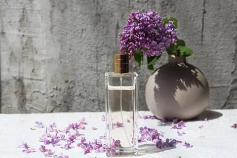 Perfume bottle standing on a neutral background and surrounded by lilac flower Stock Photos