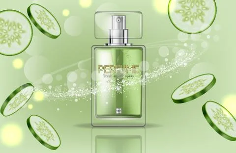 Perfume bottle Vector realistic. Product packaging mockup. Fresh cucumber gre Illustrazione stock